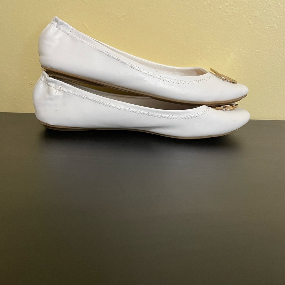 Tahari White and Gold Flats with Elegant Emblem - Picture 3 of 8